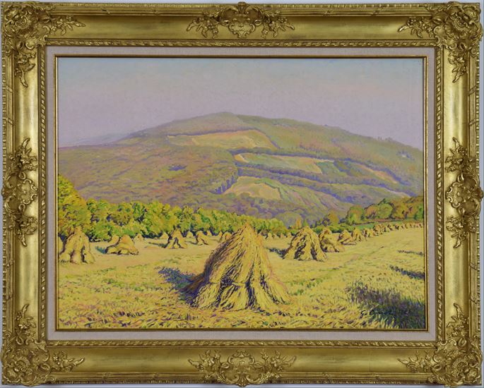 Gustave Cariot - Paysage aux Bottes de Blé Devant la Montagne | MasterArt